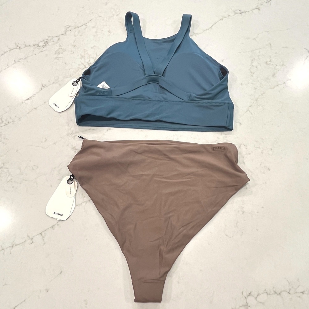 Prana NEW Bikini Set High Neck Top High Rise Bottom Womens M‎ Blue Tan Athletic - Picture 2 of 13